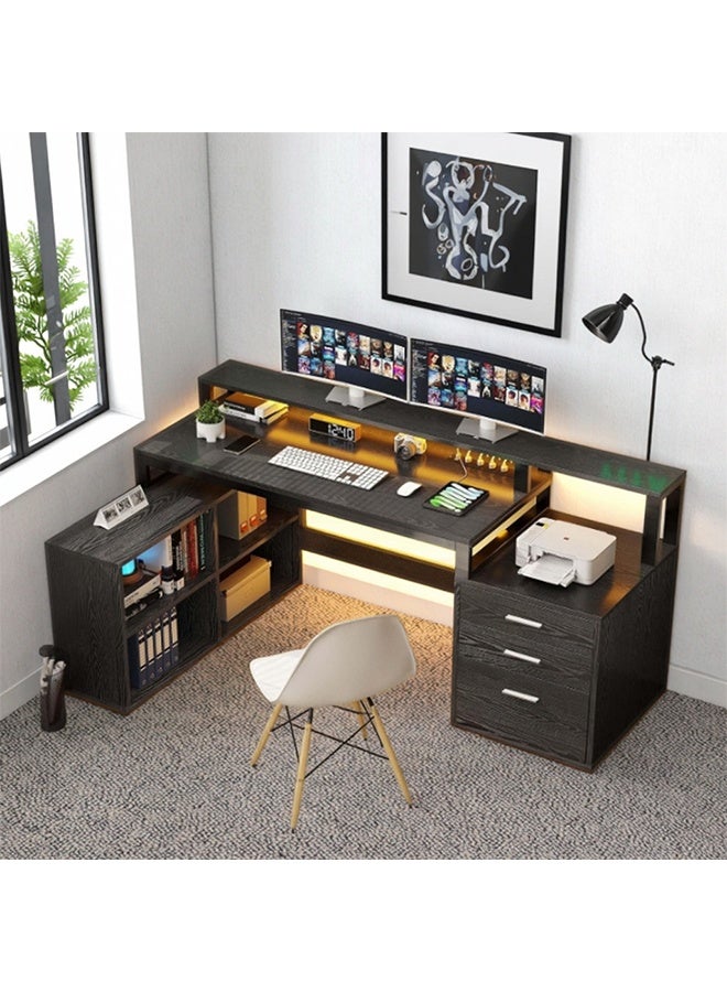 All-in-One Gaming Desk with LED Lights & Charging Station, Large Computer Desk with Storage Rack & Drawers, Spacious Desktop, Office Desk use for Home Office